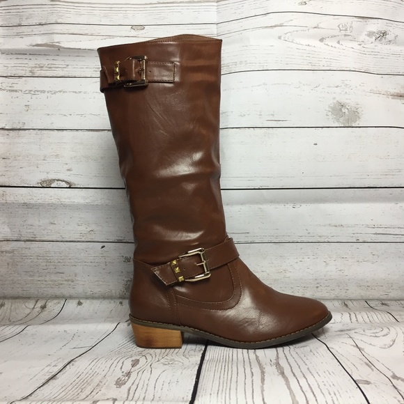 Shoes - Brown Tall Stud Buckle Riding Knee High Boots